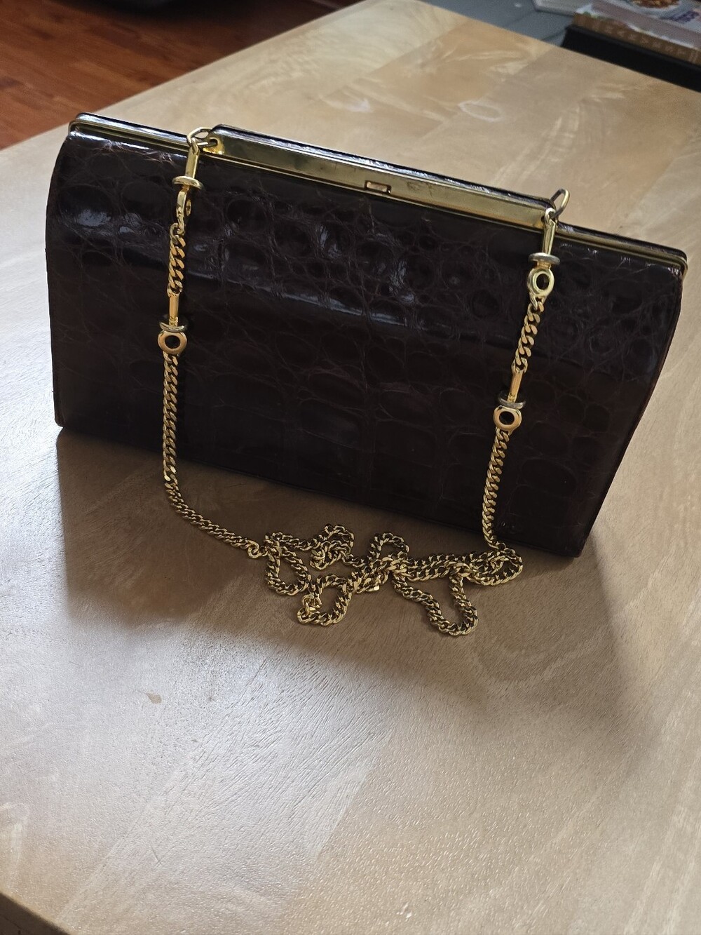 VTG 1950s Escort Genuine Crocodile Alligator Purse Brown Leather Lined Chain OOK